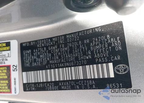 2022 Toyota Camry Se from USA, damaged, VIN 4T1G11AK9NU673270
